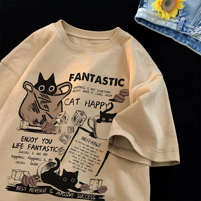 Unisex Oversized T-Shirt with Cartoon Cat Design – Korean Style Casual Short Sleeve Pullover for Couples