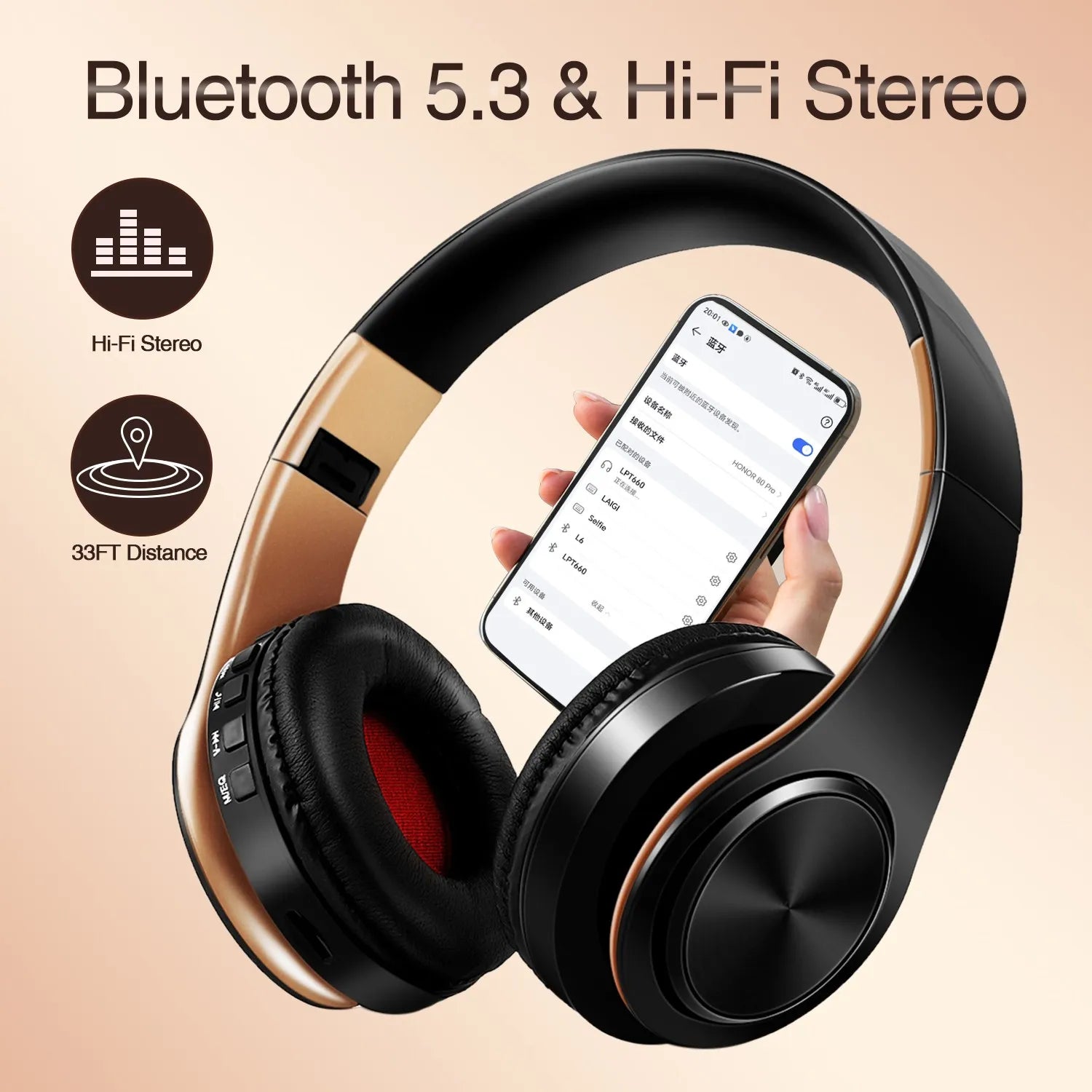 Men Gift Gold Wireless Headphones Bluetooth Earphone Stereo Headset with Build-in MIC