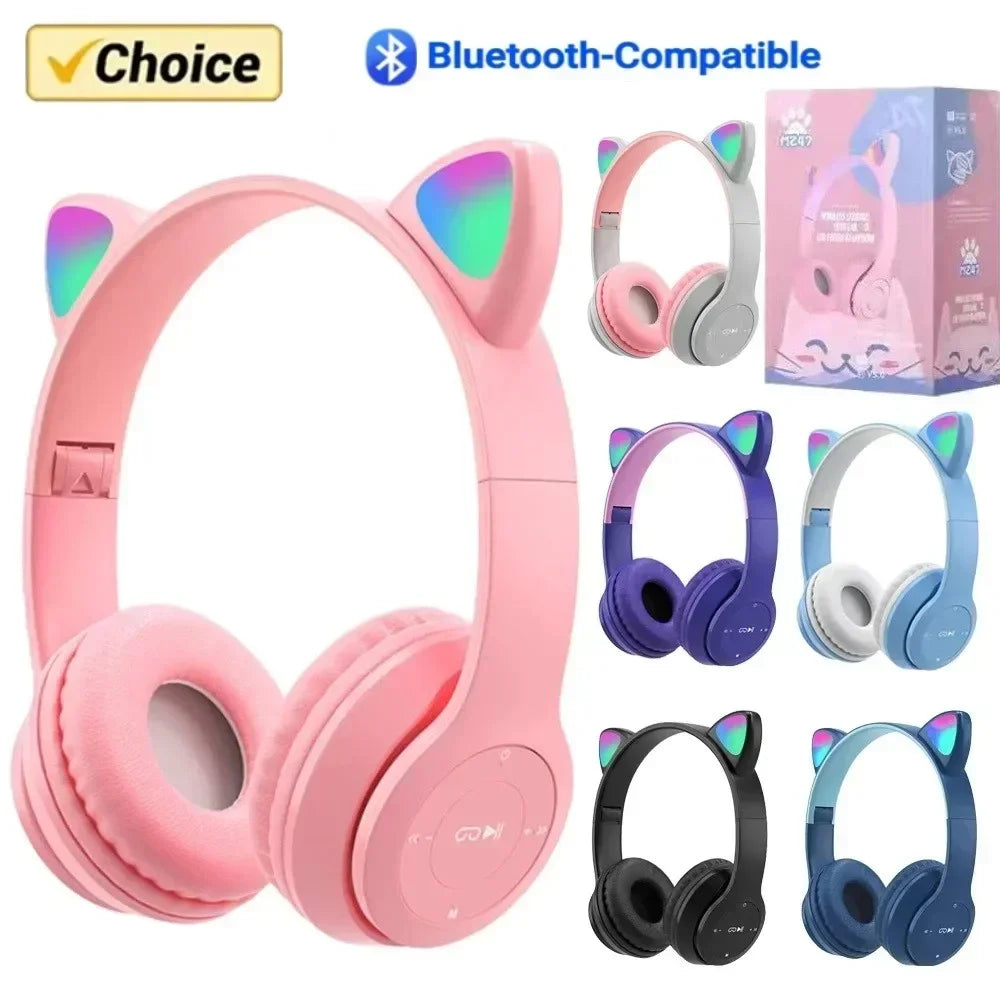 P47M Wireless Headphone Flash Light Cute Cat Ears Bluetooth Headset Gift