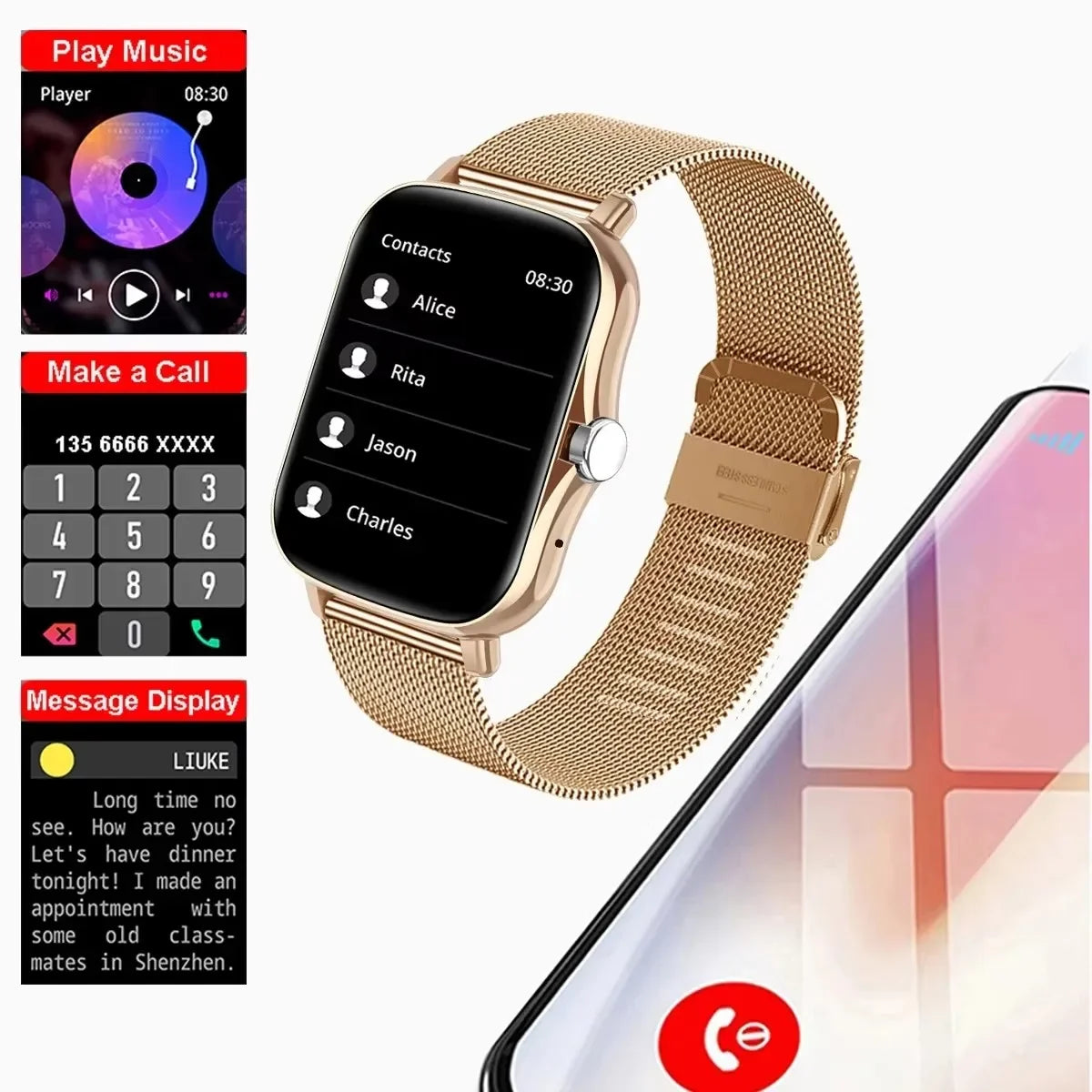 Waterproof Smart Watch with Message iPhone Android