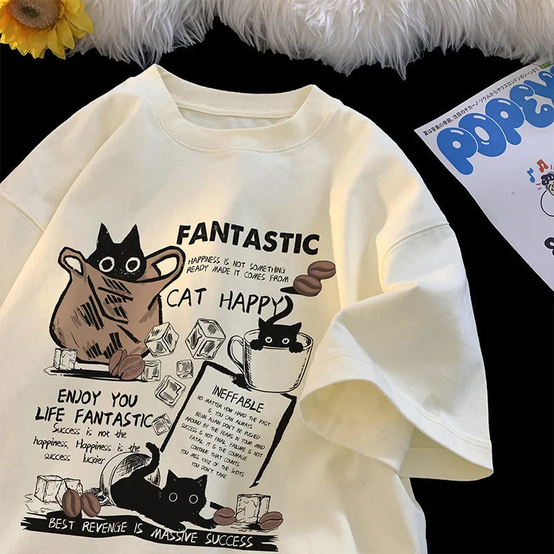 Unisex Oversized T-Shirt with Cartoon Cat Design – Korean Style Casual Short Sleeve Pullover for Couples