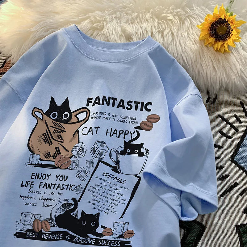 Unisex Oversized T-Shirt with Cartoon Cat Design – Korean Style Casual Short Sleeve Pullover for Couples