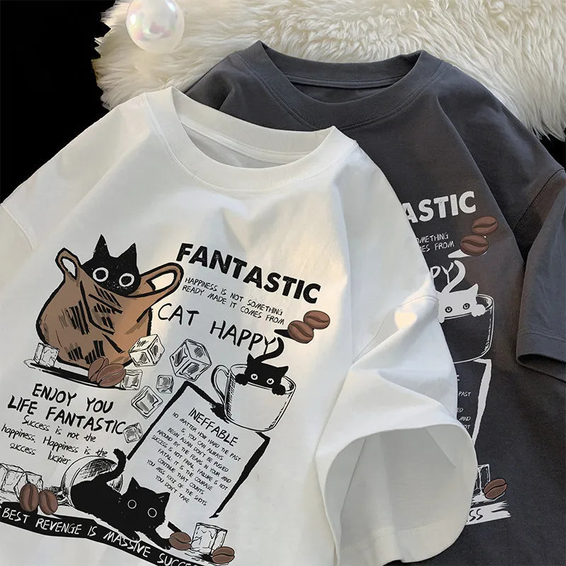 Unisex Oversized T-Shirt with Cartoon Cat Design – Korean Style Casual Short Sleeve Pullover for Couples