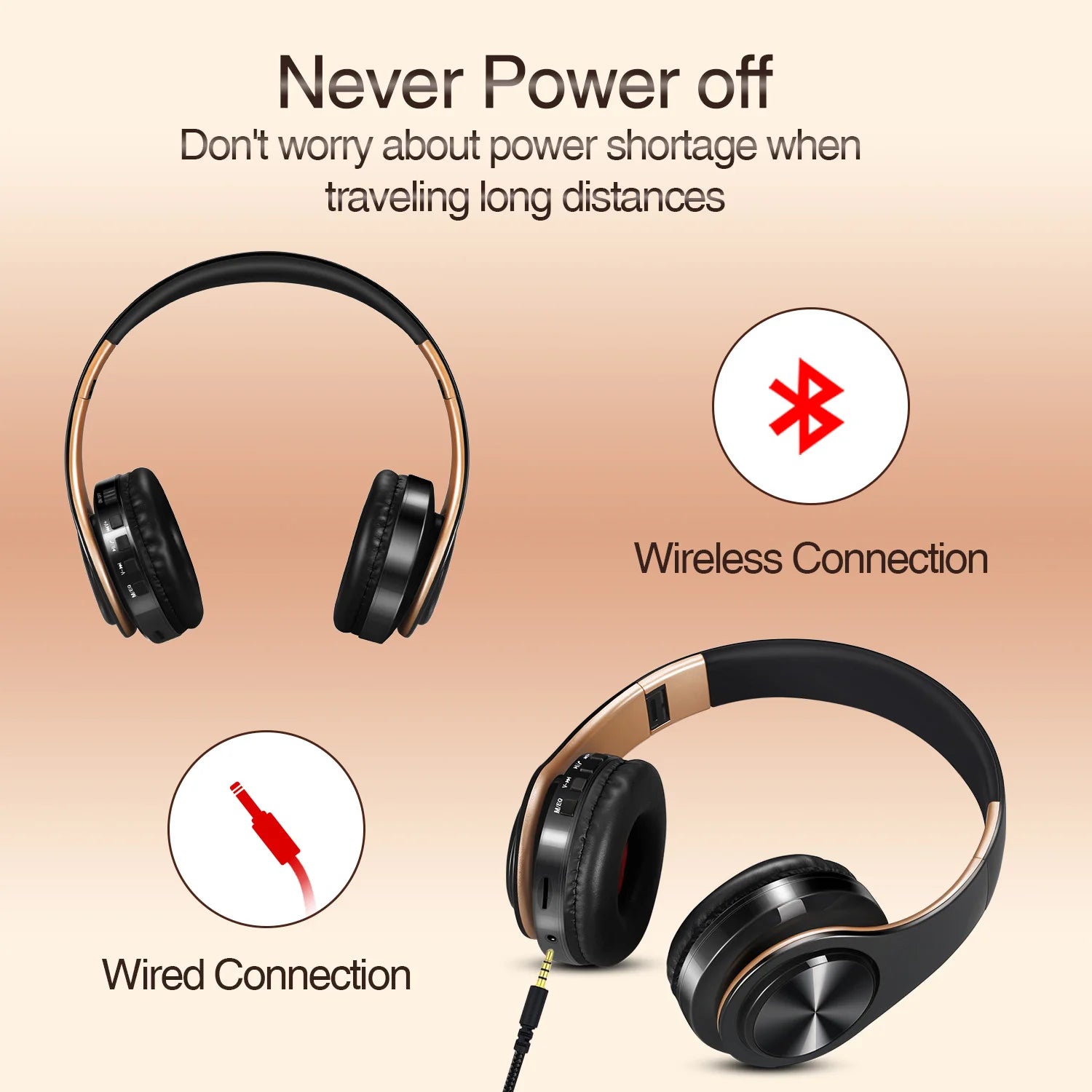 Men Gift Gold Wireless Headphones Bluetooth Earphone Stereo Headset with Build-in MIC