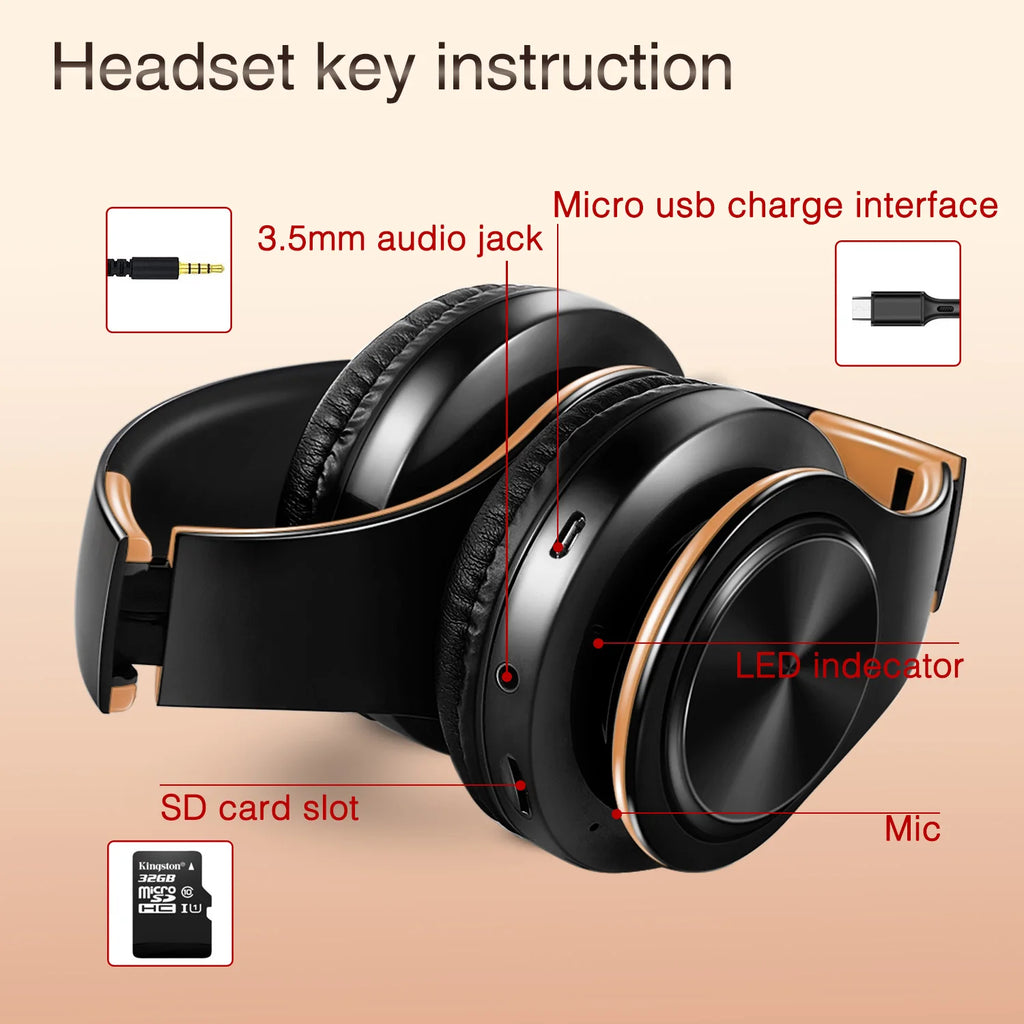 Men Gift Gold Wireless Headphones Bluetooth Earphone Stereo Headset with Build-in MIC