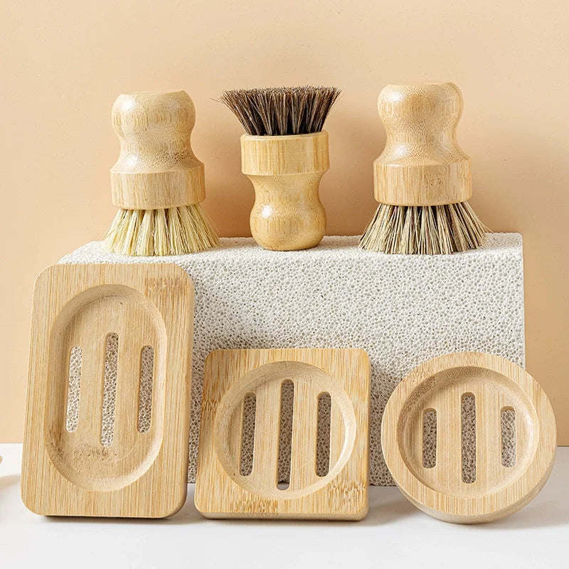Bamboo Dish Scrub Brushes, Kitchen Wooden Cleaning Scrubbers for Washing , Natural Sisal Bristles
