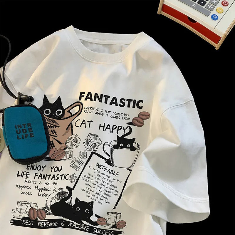 Unisex Oversized T-Shirt with Cartoon Cat Design – Korean Style Casual Short Sleeve Pullover for Couples
