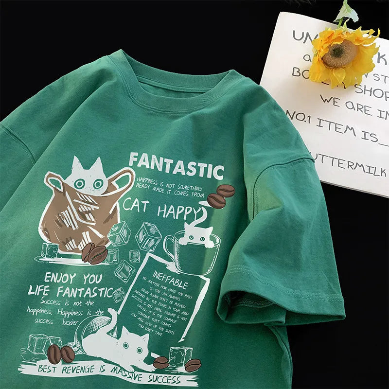 Unisex Oversized T-Shirt with Cartoon Cat Design – Korean Style Casual Short Sleeve Pullover for Couples