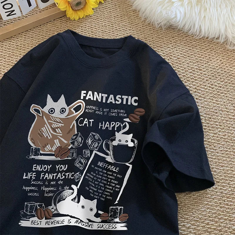 Unisex Oversized T-Shirt with Cartoon Cat Design – Korean Style Casual Short Sleeve Pullover for Couples