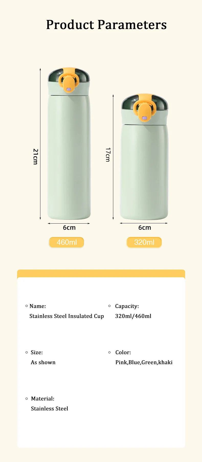 320/460ML Kids Stainless Steel Thermal Bottle Portable Kids Straw Mug Cold and Hot Thermal  Student Water Bottle