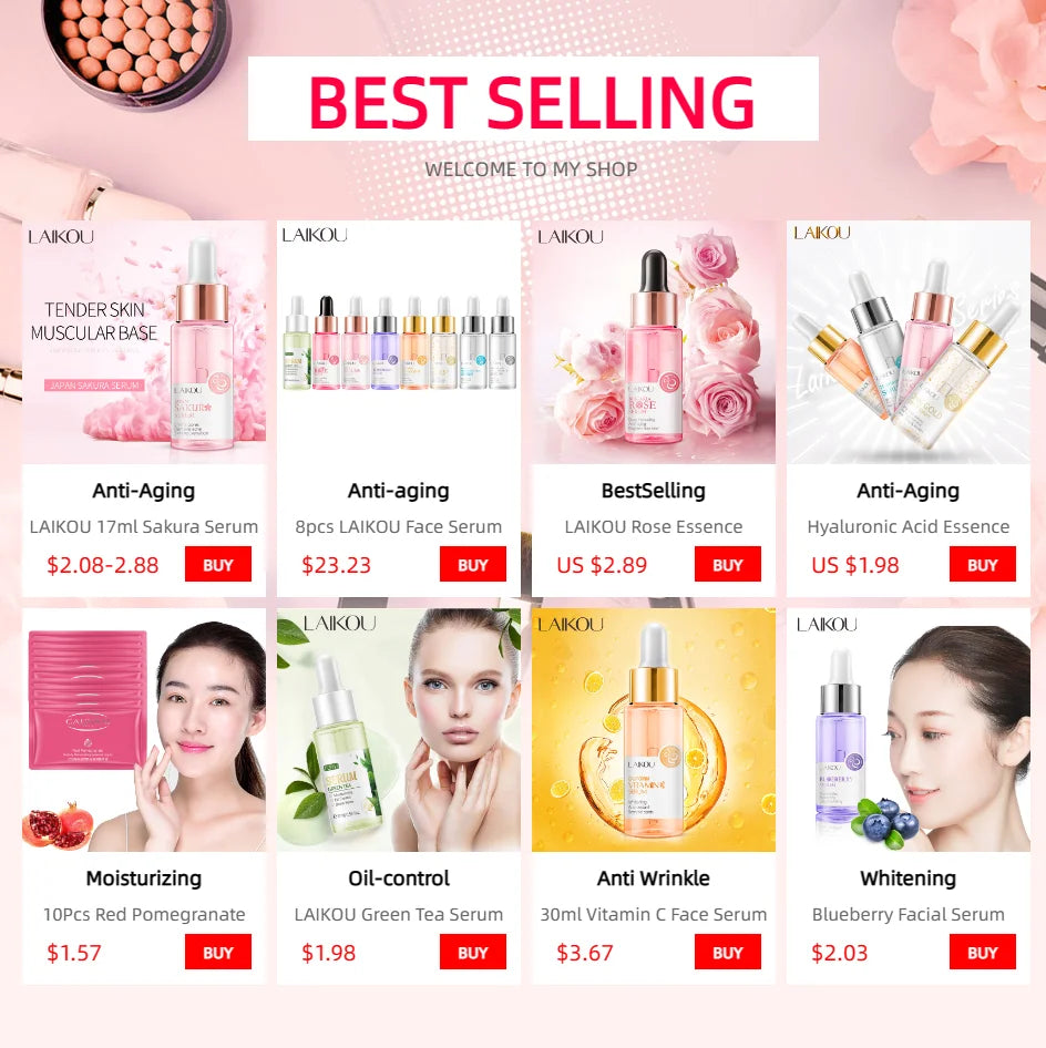 LAIKOU Serum Japan Sakura Essence Moisturizing Hyaluronic Acid Pure 24K Gold Brightening  Vitamin C  Face Serum Care Skin