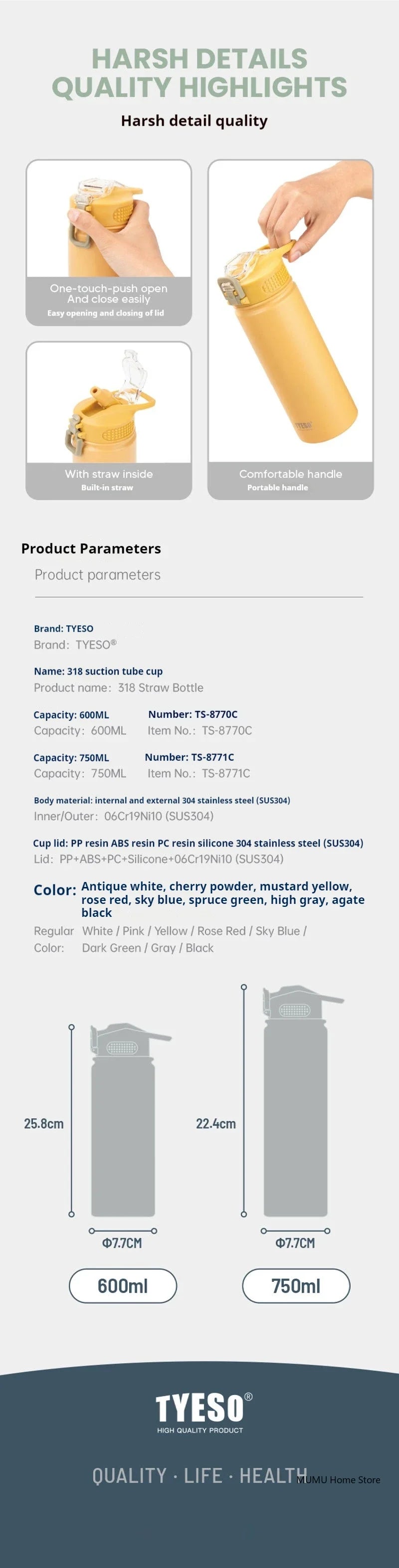 600/750ML Stainless Steel Vacuum Flask With Straw Sports Water Bottle Travel Insulated Cup Thermal Mug