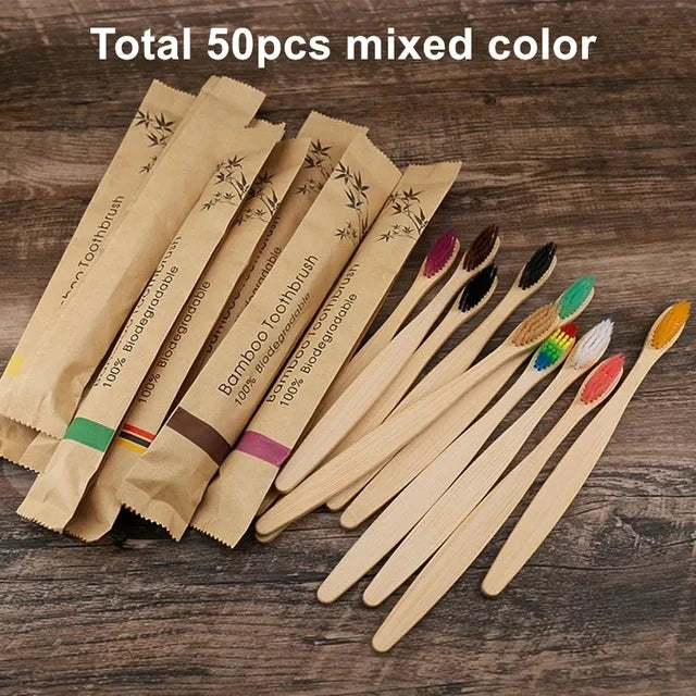 50Pcs Natural Bamboo Toothbrush Wood Toothbrushes Soft Bristles Fiber Teeth  Oral Care wholesale