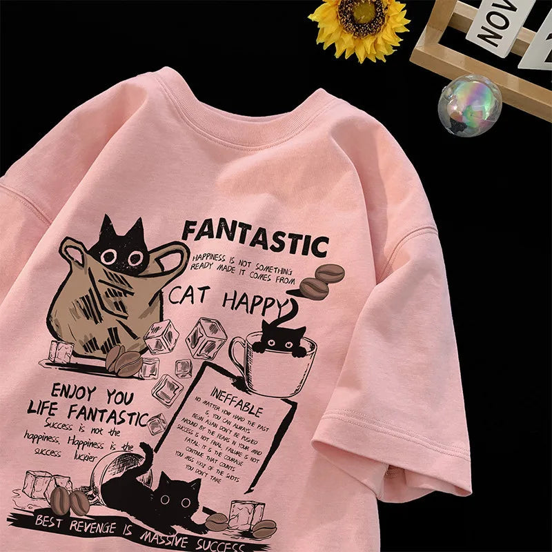 Unisex Oversized T-Shirt with Cartoon Cat Design – Korean Style Casual Short Sleeve Pullover for Couples