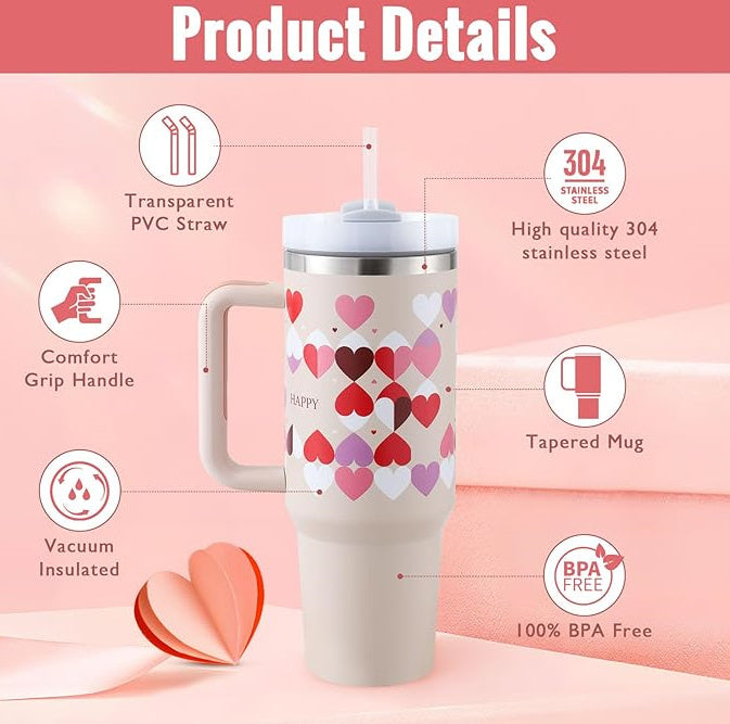 Tumbler With Handle Straw Insulated, Stainless Steel Spill Proof Vacuum Coffee Cup  Mug Gifts For Valentine Lover Suitable For Car Gym Office Travel
